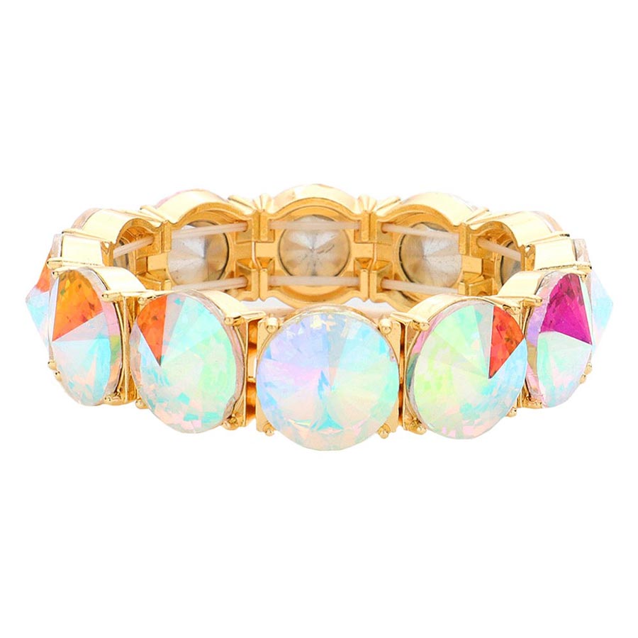 AB Gold Round Stone Stretch Evening Bracelet, These gorgeous stone pieces will show your class on any special occasion. Eye-catching sparkle, the sophisticated look you have been craving for! This Stone evening bracelet sparkles all around with its surrounding round stones, the stylish stretch bracelet that is easy to put on, and take off, and comfortable to wear. It looks so pretty, bright, and elegant on any special occasion.