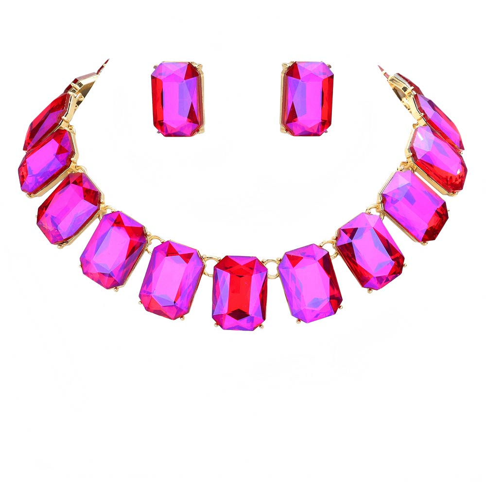 AB Purple Emerald Cut Stone Link Evening Necklace, This gorgeous necklace jewelry set will show your class on any special occasion. The elegance of these stones goes unmatched, great for wearing at a party! stunning jewelry set will sparkle all night long making you shine like a diamond on special occasions. Perfect jewelry to enhance your look and for wearing at parties, weddings, date nights, or any special event.