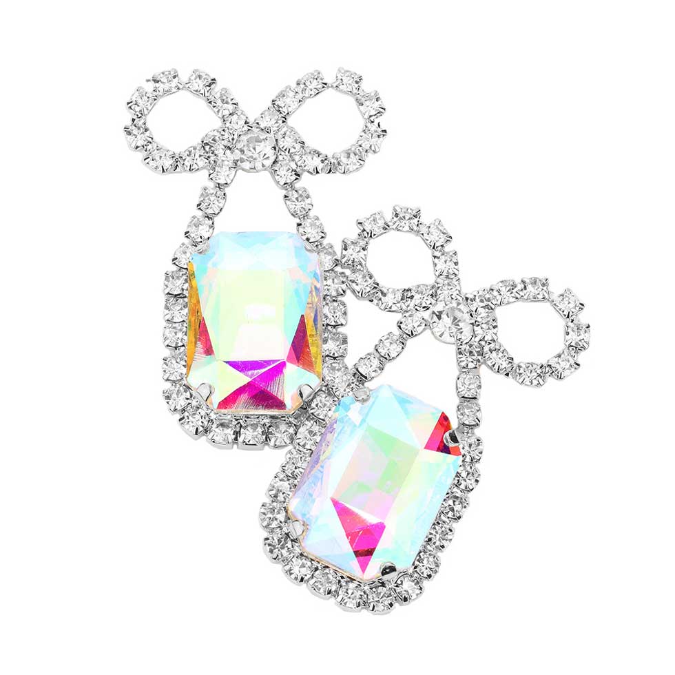 AB Rhodium Rhinestone Bow Emerald Cut Stone Evening Earrings, elegance becomes you in these lightweight and playful, shiny glamorous studs, the perfect sparkling accessory to add some sophisticated fun to your next social event. Throw your hair up and show off how artfully these exquisite earrings sway! Suitable for wear Party, Wedding, Date Night or any special events. Perfect Birthday, Thank you Gift.