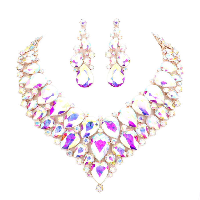 AB Rose Gold Teardrop Cluster Rhinestone Collar Necklace. Beautifully crafted design adds a gorgeous glow to any outfit. Jewelry that fits your lifestyle! Perfect Birthday Gift, Anniversary Gift, Mother's Day Gift, Anniversary Gift, Graduation Gift, Prom Jewelry, Just Because Gift, Thank you Gift.