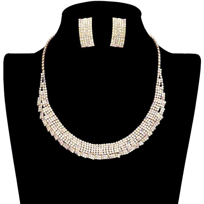 AB Rose Gold Trendy Crystal Rhinestone Pave Collar Necklace Earring Set. Stunning jewellery sets suits any style and occasion wear over your favorite tops and dresses this season! Adds the perfect accent to your wardrobe. A timeless treasure designed to accent the neckline adds a gorgeous stylish glow to any outfit style, jewelry that fits your lifestyle! This piece is versatile and goes with practically anything! Fabulous gift, ideal for your loved one or yourself.