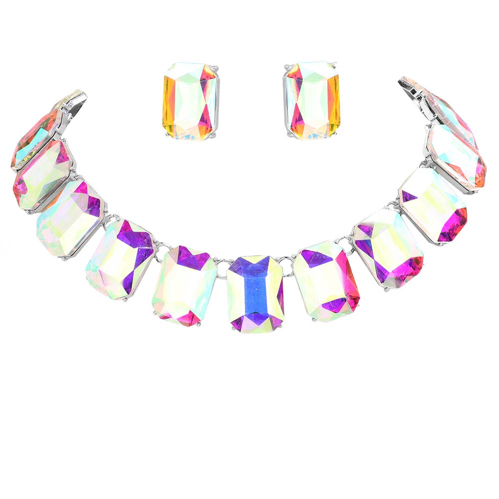 AB Silver Emerald Cut Stone Link Evening Necklace, This gorgeous necklace jewelry set will show your class on any special occasion. The elegance of these stones goes unmatched, great for wearing at a party! stunning jewelry set will sparkle all night long making you shine like a diamond on special occasions. Perfect jewelry to enhance your look and for wearing at parties, weddings, date nights, or any special event.