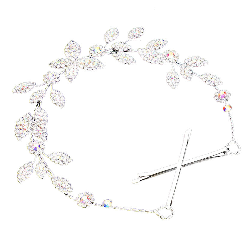 AB Silver Rhinestone Embellished Leaf Cluster Vine Bun Wrap Headpiece. Perfect for adding just the right amount of shimmer & shine, will add a touch of class, beauty and style to your wedding, prom, special events, embellished glass crystal to keep your hair sparkling all day & all night long
