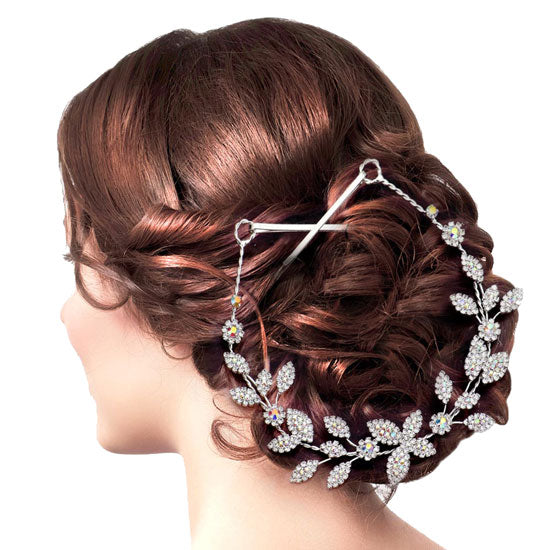 AB Silver Rhinestone Embellished Leaf Cluster Vine Bun Wrap Headpiece. Perfect for adding just the right amount of shimmer & shine, will add a touch of class, beauty and style to your wedding, prom, special events, embellished glass crystal to keep your hair sparkling all day & all night long