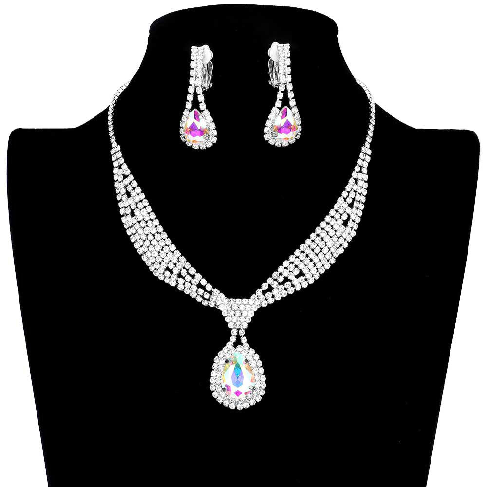 AB Silver Rhinestone Pave Teardrop Collar Necklace & Clip Earring Set, stunning jewelry set will sparkle all night long making you shine out like a diamond. perfect for a night out on the town or a black tie party, Perfect Gift, Birthday, Anniversary, Prom, Mother's Day Gift, Sweet 16, Wedding, Quinceanera, Bridesmaid.