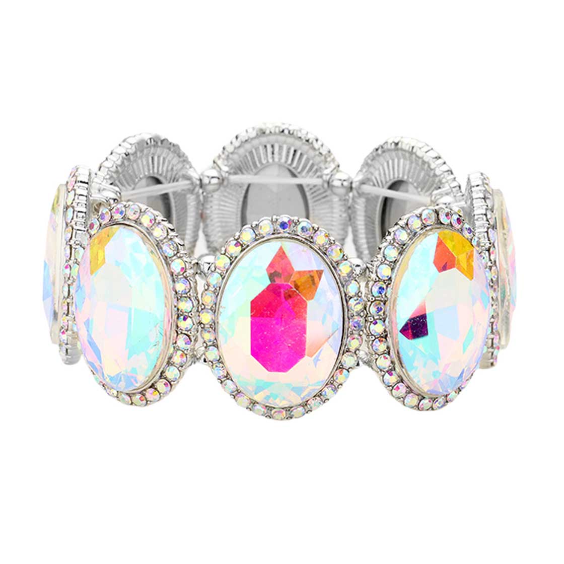 AB Silver Rhinestone Trim Oval Crystal Stretch Evening Bracelet, brings a gorgeous glow to your outfit to show off royalty on any special occasion. It's a perfect beauty that highlights your appearance and grasps everyone's eye on any special occasion. Is a glowing and sparkling beauty that is perfect to show off your glowing look and enrich your beauty to a greater extent.