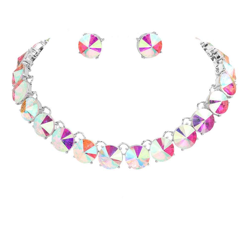 AB Silver Round Stone Link Evening Necklace, This gorgeous necklace jewelry set will show your class on any special occasion. The elegance of these stones goes unmatched, great for wearing at a party! Stunning jewelry set will sparkle all night long making you shine like a diamond on special occasions. Perfect jewelry to enhance your look and for wearing at parties, weddings, date nights, or any special event.