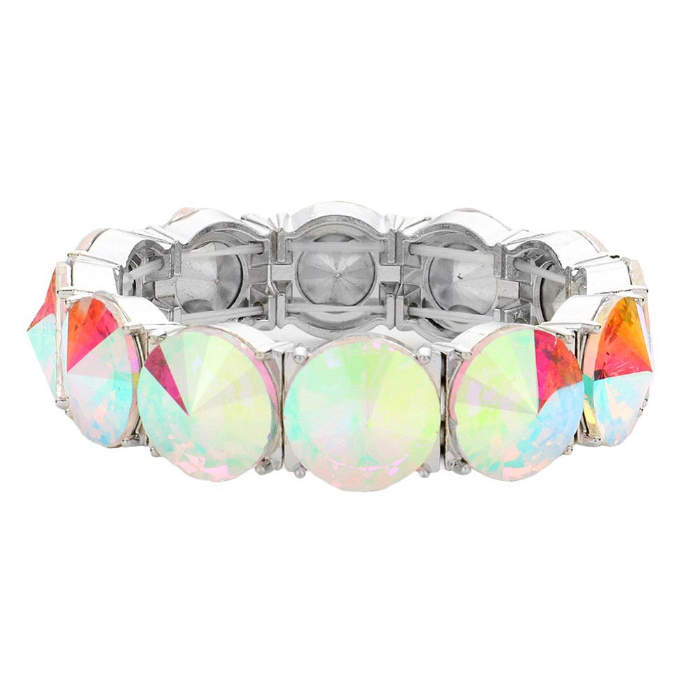 AB Silver Round Stone Stretch Evening Bracelet, These gorgeous stone pieces will show your class on any special occasion. Eye-catching sparkle, the sophisticated look you have been craving for! This Stone evening bracelet sparkles all around with its surrounding round stones, the stylish stretch bracelet that is easy to put on, and take off, and comfortable to wear. It looks so pretty, bright, and elegant on any special occasion.