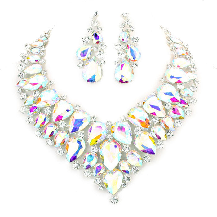 AB Silver Teardrop Cluster Rhinestone Collar Necklace. Beautifully crafted design adds a gorgeous glow to any outfit. Jewelry that fits your lifestyle! Perfect Birthday Gift, Anniversary Gift, Mother's Day Gift, Anniversary Gift, Graduation Gift, Prom Jewelry, Just Because Gift, Thank you Gift.