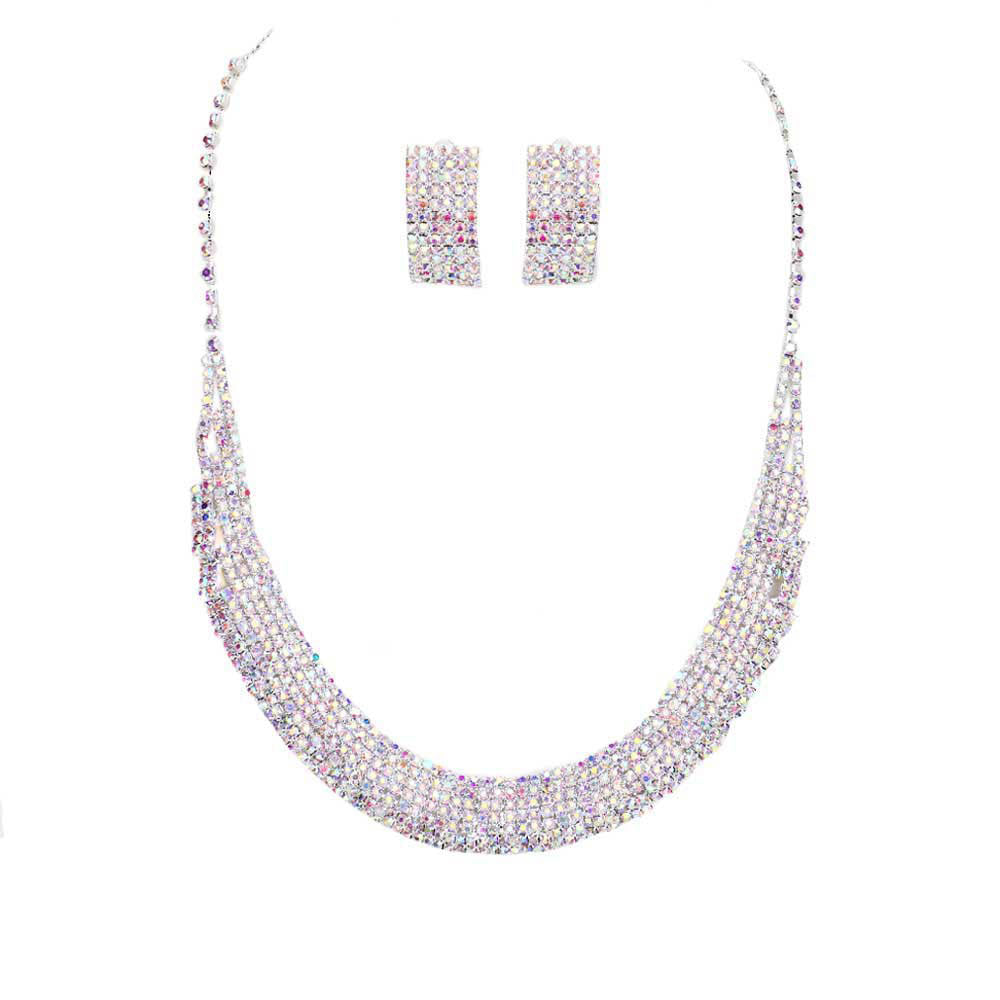 AB Silver Trendy Crystal Rhinestone Pave Collar Necklace Earring Set. Stunning jewellery sets suits any style and occasion wear over your favorite tops and dresses this season! Adds the perfect accent to your wardrobe. A timeless treasure designed to accent the neckline adds a gorgeous stylish glow to any outfit style, jewelry that fits your lifestyle! This piece is versatile and goes with practically anything! Fabulous gift, ideal for your loved one or yourself.
