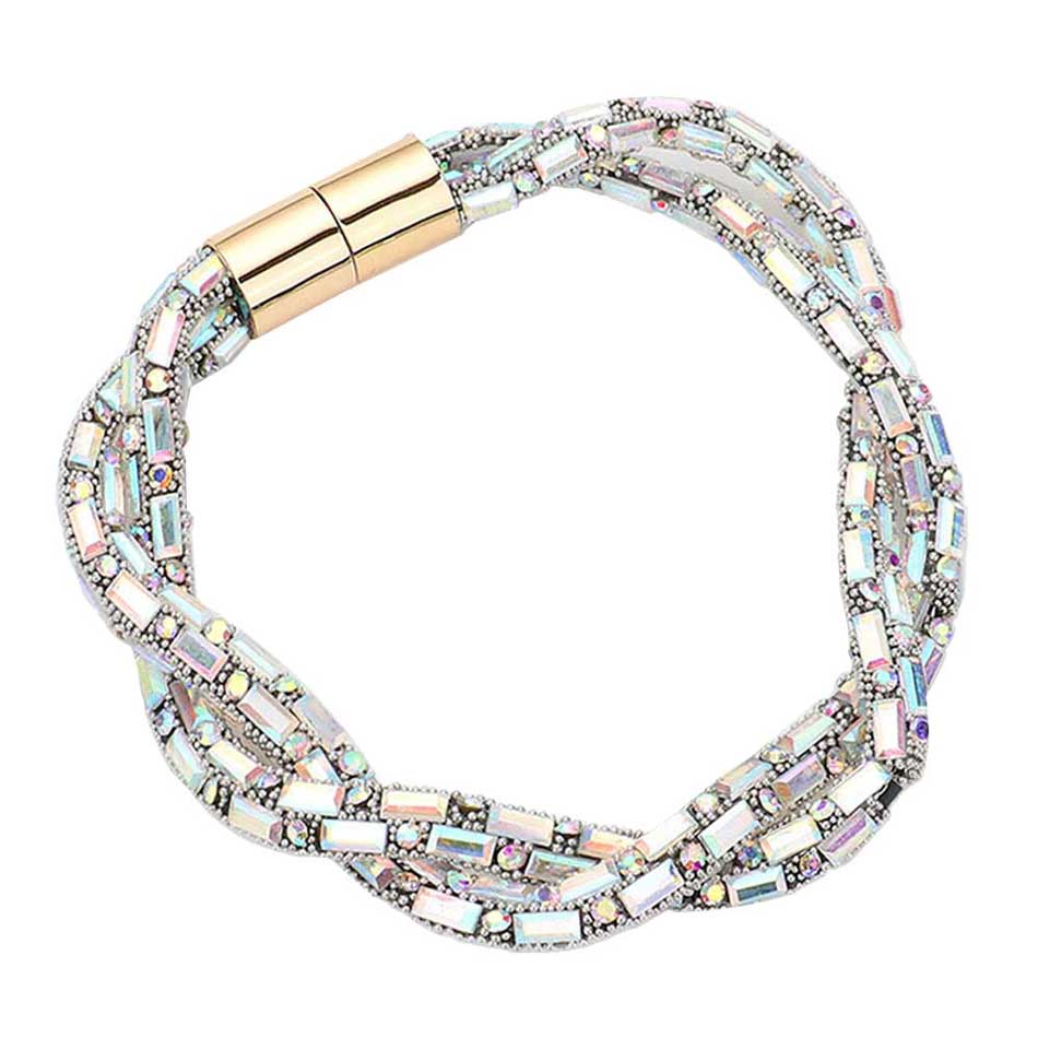 AB Stone Embellished Twisted Magnetic Bracelet, Glam up your look with this Magnetic bracelet. Make your vibe extra sparkly with this eye-catching arm candy. The magnet clasp keeps the bracelet secure on your wrist and makes it easy to wear and take off. This wide Twisted- style bracelet works well as a statement jewelry piece. Awesome gift for birthday, Anniversary, Valentine’s Day or any special occasion.