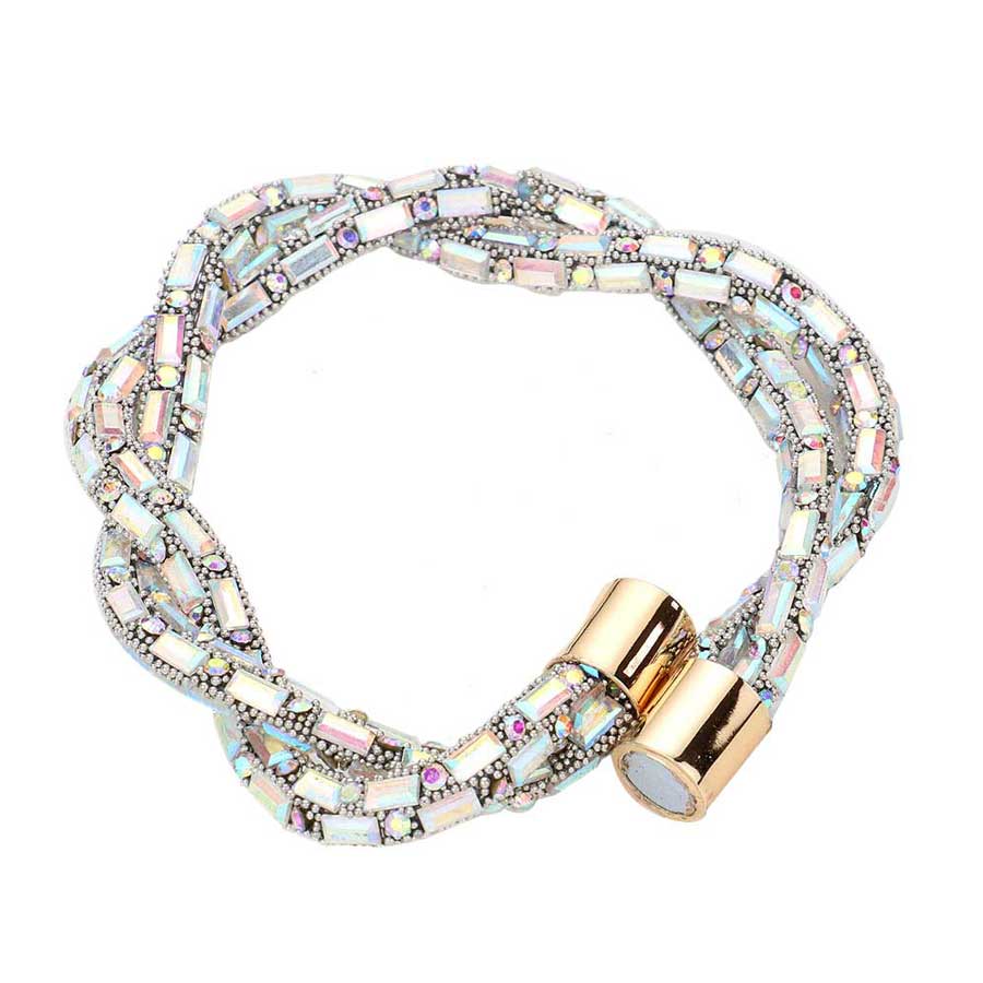 AB Stone Embellished Twisted Magnetic Bracelet, Glam up your look with this Magnetic bracelet. Make your vibe extra sparkly with this eye-catching arm candy. The magnet clasp keeps the bracelet secure on your wrist and makes it easy to wear and take off. This wide Twisted- style bracelet works well as a statement jewelry piece. Awesome gift for birthday, Anniversary, Valentine’s Day or any special occasion.