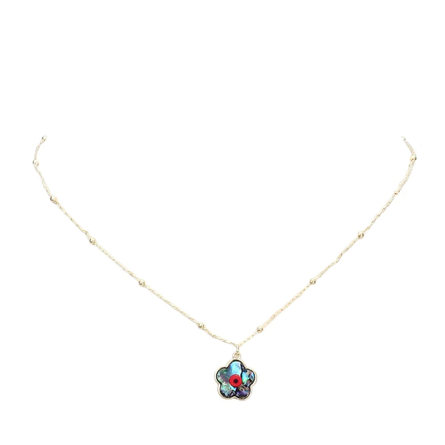 Abalone Evil Eye Accented Brass Metal Trimmed Abalone Flower Pendant Necklace, Get ready with these Pendant Necklace, put on a pop of color to complete your ensemble. Perfect for adding just the right amount of shimmer & shine . Perfect Birthday Gift, Anniversary Gift, Mother's Day Gift, Graduation Gift.