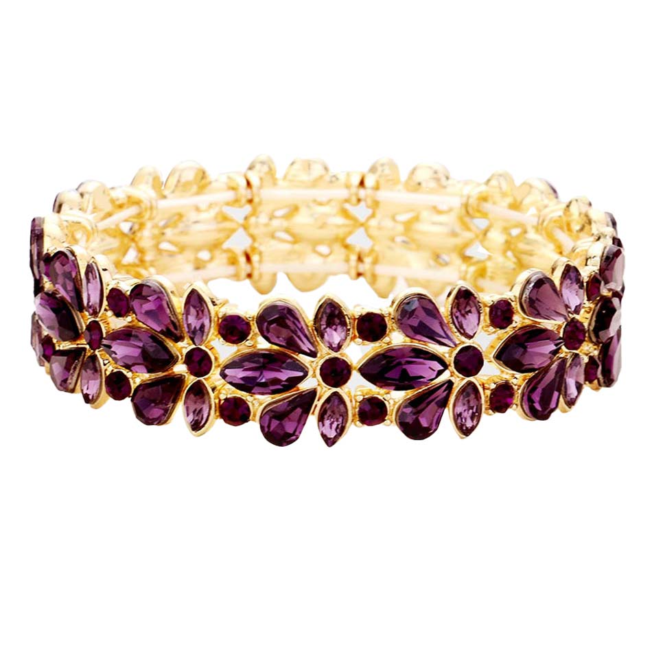 Amethyst Floral Crystal Stretch Evening Bracelet, This Flower detailed Crystal stunning stretch bracelet is sure to get you noticed, adds a gorgeous glow to any outfit. perfect for a night out on the town or a black tie party, ideal for Special Occasion or an Evening out. Awesome gift for birthday or any special occasion.