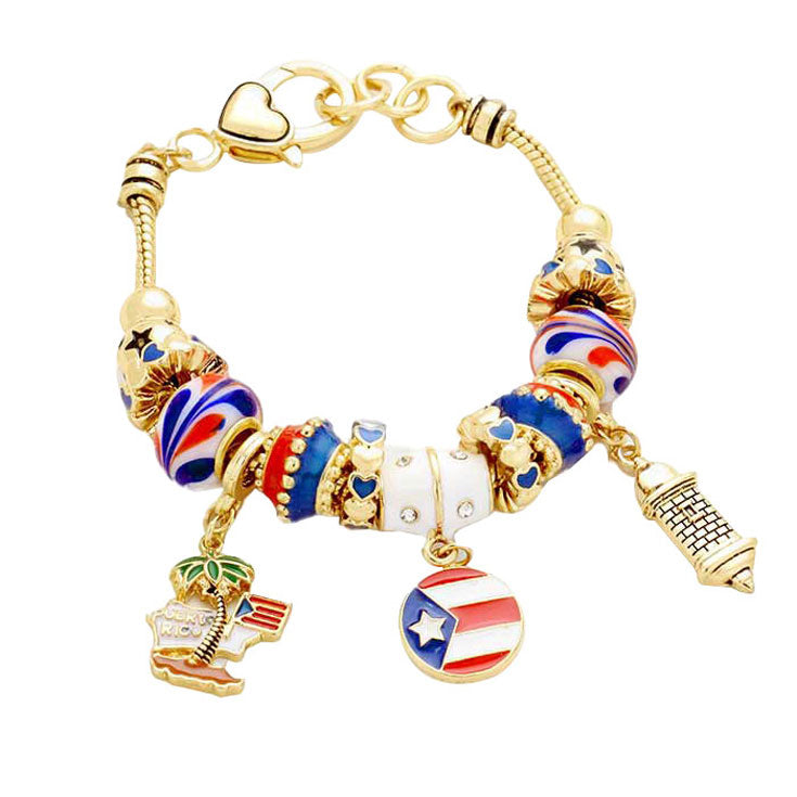 Antique Gold Puerto Rico Flag Charm Multi-Bead Bracelet, add this delightful Puerto Rico Flag bracelet with a bright centrepiece to light up any outfit with timeless elegance & feel absolutely flawless. Fabulous fashion and sleek style adds a pop of pretty color to your attire, coordinate with any ensemble from business casual to everyday wear.