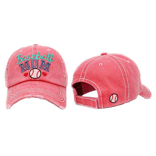 Baseball MOM Vintage Baseball Cap. Fun cool Mother Sports themed vintage cap. Perfect for walks in sun, great for a bad hair day. The distressed frayed style with faded color gives it an awesome vintage look. Soft textured, embroidered message with fun statement will become your favorite cap.