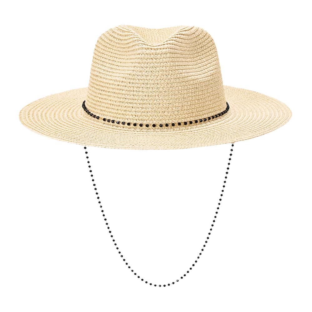 Beige Beaded Chin Tie Straw Sun Hat, keep your styles on even when you are relaxing at the pool or playing at the beach. Large, comfortable, and perfect for keeping the sun off of your face, neck, and shoulders. Perfect summer, beach accessory. Ideal for travelers who are on vacation or just spending some time in the great outdoors. A great sun hat can keep you cool and comfortable even when the sun is high in the sky.