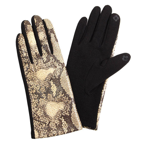 Beige Black Smart Touch Python Print Smart Gloves, Before running out the door into the cool air, you’ll want to reach for these toasty gloves to keep your hands incredibly warm. Accessorize the fun way with these gloves, it's the autumnal touch you need to finish your outfit in style. Awesome winter gift accessory!