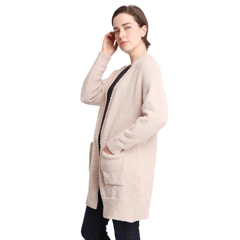Beige Fall Winter Solid Front Pocket Cardigan, the perfect accessory, luxurious, trendy, super soft chic capelet, keeps you warm and toasty. You can throw it on over so many pieces elevating any casual outfit! Perfect Gift for Wife, Mom, Birthday, Holiday, Christmas, Anniversary, Fun Night Out