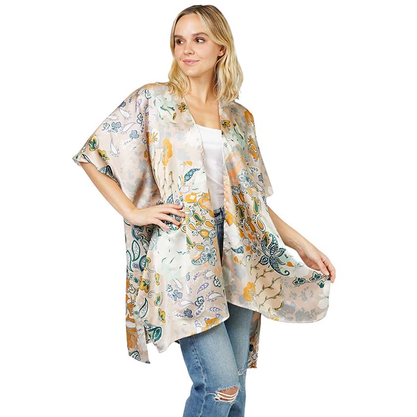 Beige Floral Patterned Satin Cover Up Kimono Poncho, this beautiful floral-patterned Poncho is made of soft and breathable material that amps up your real and gorgeous look with a perfect attraction everywhere. Its eye-catchy design makes you stand out every time. Coordinate this cover-up kimono with any ensemble to finish in perfect style and get ready to receive beautiful compliments.