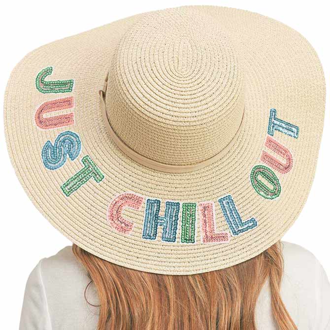 Beige Just Chill Out Sequin Message Straw Panama Sun Hat, a beautiful & comfortable Straw Panama Sun Hat is suitable for summer wear to amp up your beauty & make you more comfortable everywhere. It's an excellent gift item for your friends & family or loved ones this summer.
