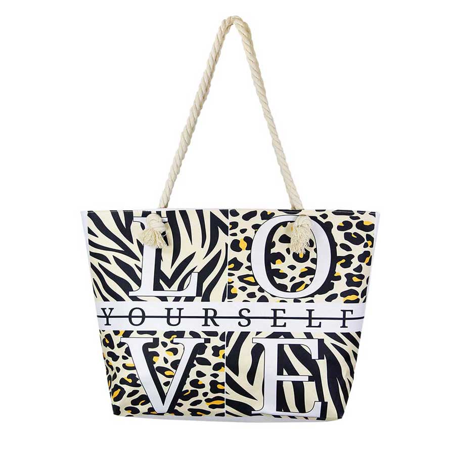 Beige Love Yourself Animal Pattern Beach Bag, Whether you are out shopping, going to the pool or beach, this animal pattern print beach bag is the perfect accessory. Spacious enough for carrying any and all of your seaside essentials. The soft rope straps really helps carrying this tie due shoulder bag comfortably. Perfect as a beach bag to carry foods, drinks, towels, swimsuit, toys, flip flops, sun screen and more. Gift idea for your loving one!
