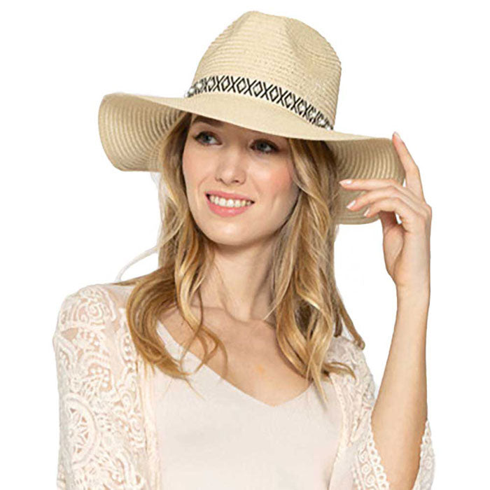 Beige Pearl Embellished Aztec Band Panama Sun Hat. Keep your styles on even when you are relaxing at the pool or playing at the beach. Large, comfortable, and perfect for keeping the sun off of your face, neck, and shoulders Perfect summer, beach accessory. Ideal for travellers who are on vacation or just spending some time in the great outdoors.
