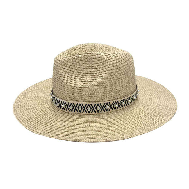 Beige Pearl Embellished Aztec Band Panama Sun Hat. Keep your styles on even when you are relaxing at the pool or playing at the beach. Large, comfortable, and perfect for keeping the sun off of your face, neck, and shoulders Perfect summer, beach accessory. Ideal for travellers who are on vacation or just spending some time in the great outdoors.