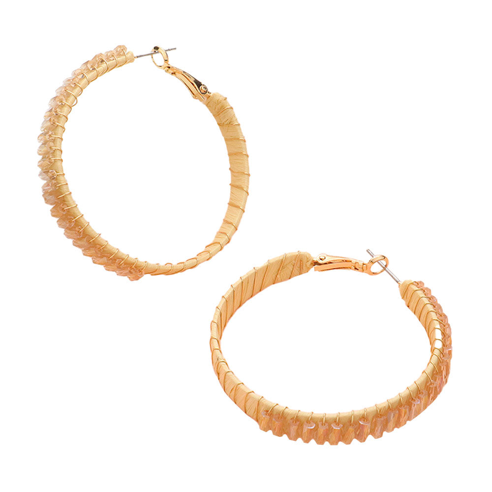 Beige Rectangle Bead Trimmed Raffia Wrapped Hoop Earrings, enhance your attire with these beautiful raffia-wrapped hoop earrings to show off your fun trendsetting style. It can be worn with any daily wear such as shirts, dresses, T-shirts, etc. These hoop earrings will garner compliments all day long. Whether day or night, on vacation, or on a date, whether you're wearing a dress or a coat, these earrings will make you look more glamorous and beautiful.