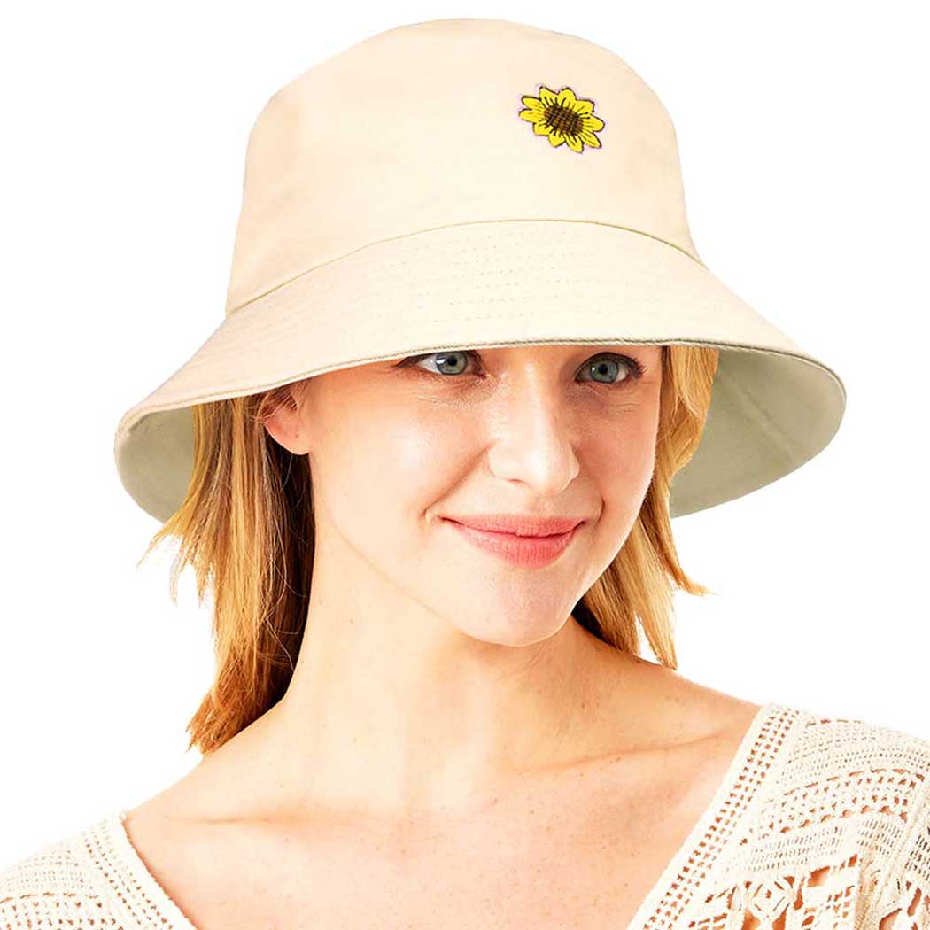 Beige Sunflower Patch Accented Bucket Hat. Eco-friendly visor whether you’re basking under the sun at the beach, the pool or kicking back with friends at the lake, can keep you cool. Perfect Birthday Gift, Mother's Day Gift, Anniversary Gift, Vacation Getaway, Thank you Gift.