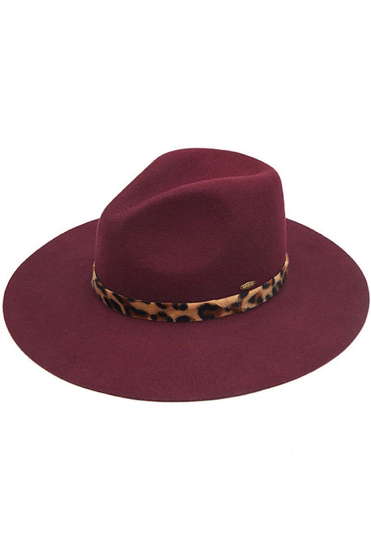 Berry C.C Wool Felt Brim Detail Panama Summer Hat With Leopard Pattern Trim; Unique, timeless & classic Summer Sun Fedora Hat has a leopard strap trim accent. Trendy Birthday, Holiday Gift, Christmas Gift, Regalo de Navided, Bad hair days, casual everyday wear, Anniversary Gift, Fall Outfit, Cool Fashion Fedora, Valentine's Day Gift