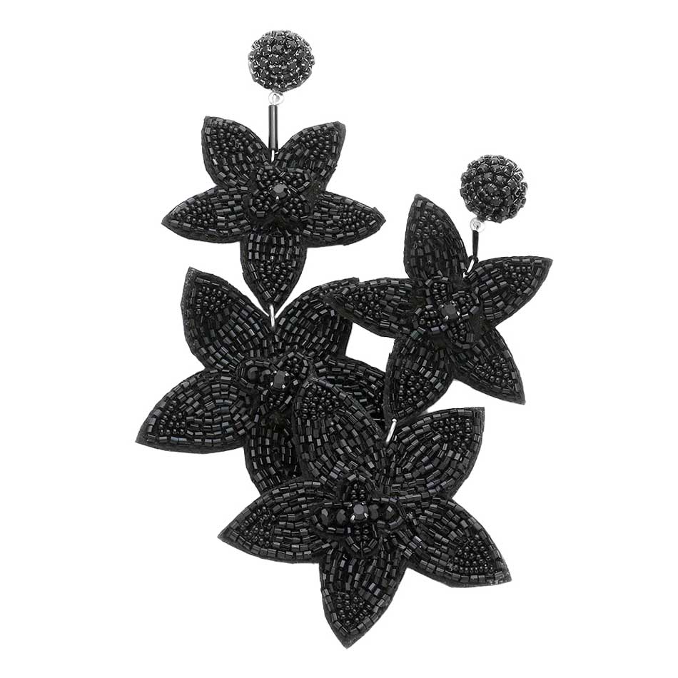 Black Beaded Double Flower Link Dangle Earrings, Beaded Detailed Floral Link Statement Dangle Earrings, jewelry that fits your lifestyle, adding a pop of pretty color. Enhance your attire with this vibrant handcrafted beautiful modish floral statement jewelry! Adds a touch of nature-inspired beauty to your look. It will be your new favorite accessory. Wear this earring to a wedding, an engagement, a bridesmaid, a prom, or any other occasion where you wish to appear more charming.