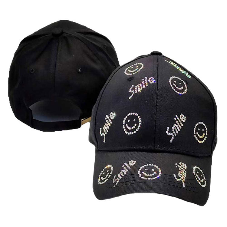 Black Bling Smile Message Smile Face Patterned Baseball Cap, show your trendy side with this smile themed baseball cap Make You More Attractive And Charming Among The Crowd. Have fun and look Stylish. Great for covering up when you are having a bad hair day and still looking cool. Perfect for protecting you from the sun, rain, wind, snow on outdoor activities and You Protect Your Skin From Harmful Uv Rays And Keep Your Hair Away From Your Face And Eyes.