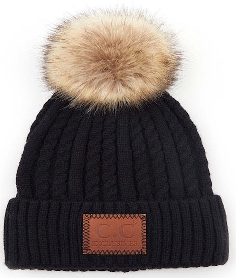 Black C.C Double Braided Beanie Faux Fur Pom Pom & Leather Patch Winter Hat; reach for this classic toasty hat to keep you nice n warm in the chilly winter weather, the wintry touch finish to your outfit. Perfect Gift Birthday, Christmas, Holiday, Anniversary, Stocking Stuffer, Secret Santa, Valentine's Day, Loved One, BFF