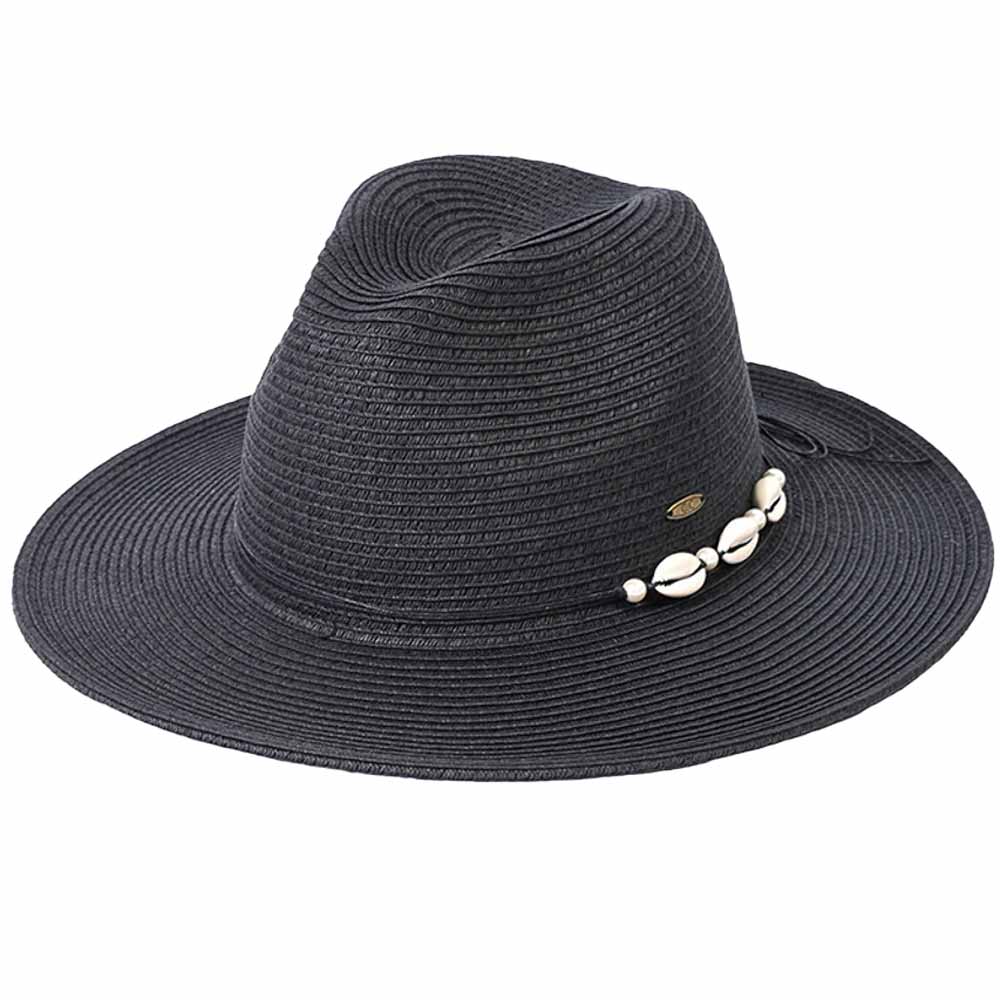 Black C.C Shell And Pearl Trim Band Panama Sunhat, Keep your styles on even when you are relaxing at the pool or playing at the beach. Large, comfortable, and perfect for keeping the sun off of your face, neck, and shoulders. Perfect summer, beach accessory. Ideal for travelers who are on vacation or just spending some time in the great outdoors. A great sunhat can keep you cool and comfortable even when the sun is high in the sky.