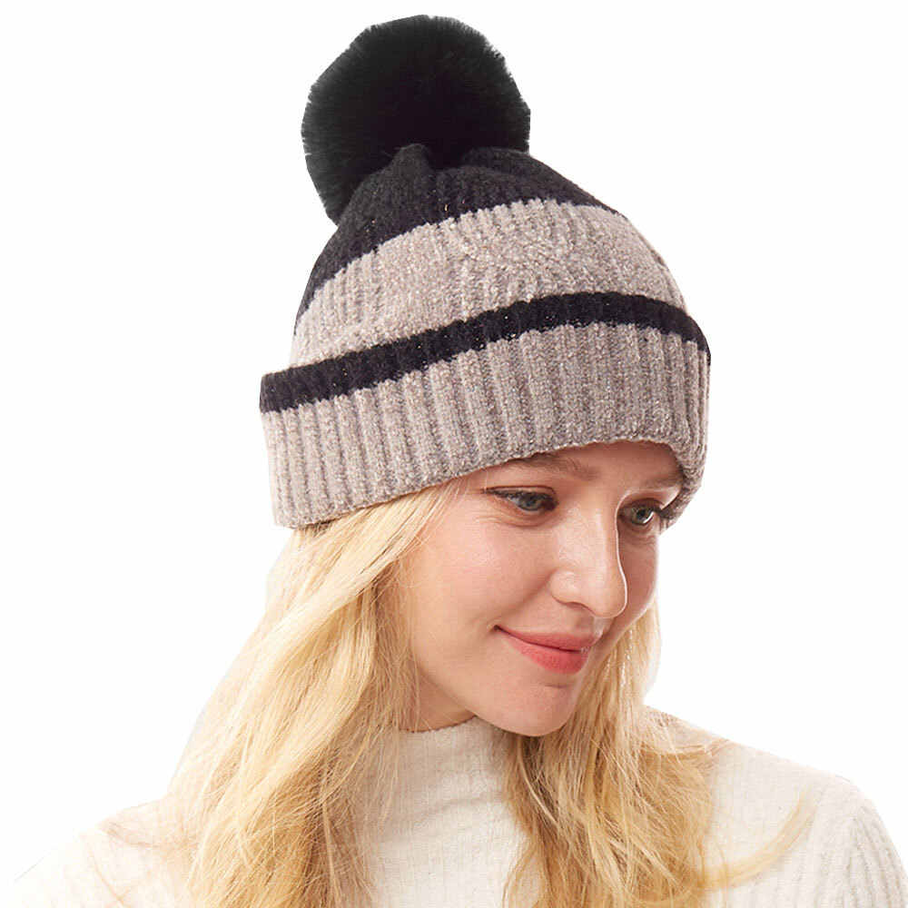 Black Two-Tone Pom Pom Beanie Hat Warm Fleece Hat Pom Pom Hat, reach for this classic toasty hat to keep you incredibly warm in the chilly winter weather, the wintry touch finish to your outfit. Perfect Gift Birthday, Christmas, Holiday, Anniversary, Stocking Stuffer, Secret Santa, Valentine's Day, Loved One, BFF