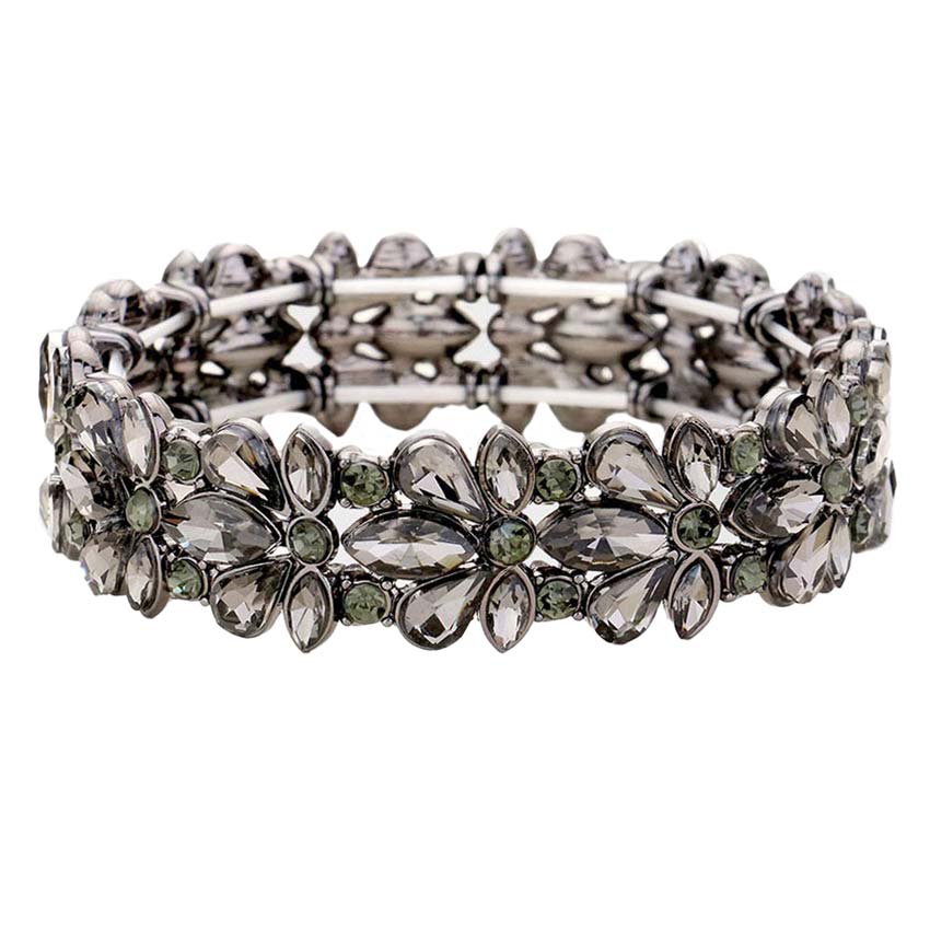 Black Diamond Floral Crystal Stretch Evening Bracelet, This Flower detailed Crystal stunning stretch bracelet is sure to get you noticed, adds a gorgeous glow to any outfit. perfect for a night out on the town or a black tie party, ideal for Special Occasion or an Evening out. Awesome gift for birthday or any special occasion.