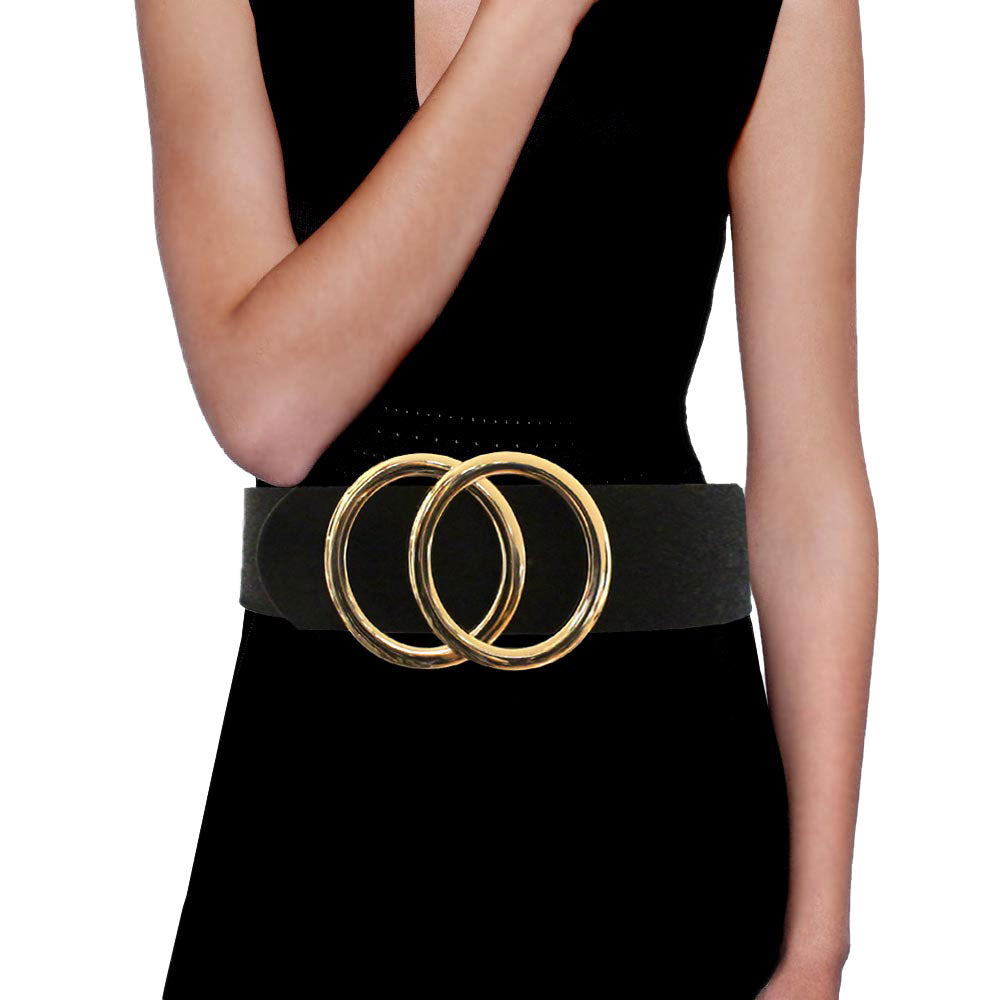 Black Double Open Metal Circle Buckle Accented Faux Leather Belt, a timeless selection, luminous crystals add luxurious shine to this eye-catching rhinestone adjustable belt, dare to dazzle with this radiant accessory will make a standout style, coordinates with any ensemble from day to night. Perfect gift for your self or a loved one.