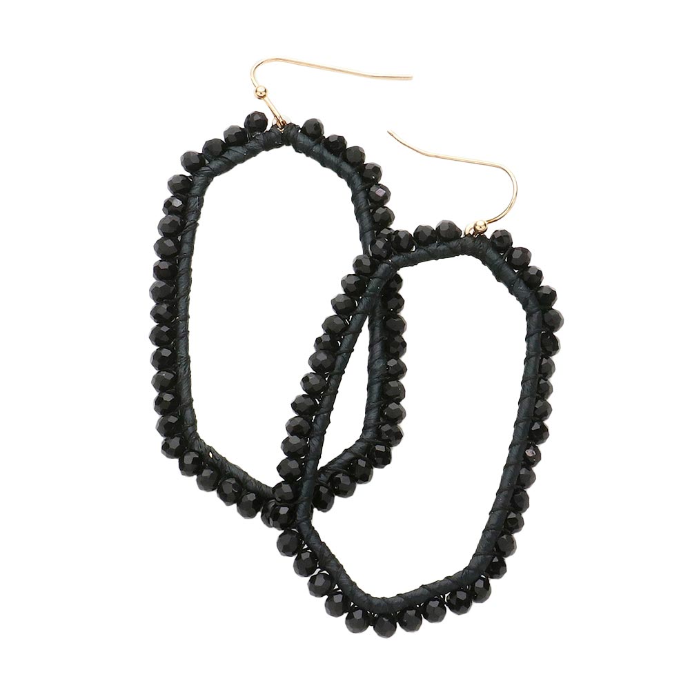 Black Faceted Bead Trimmed Raffia Wrapped Open Hexagon Earrings, enhance your attire with these beautiful raffia earrings to show off your fun trendsetting style. Get a pair as a gift to express your love for woman any person or just for you on birthdays, Mother’s Day, Anniversary, Holiday, Christmas, Parties, etc.