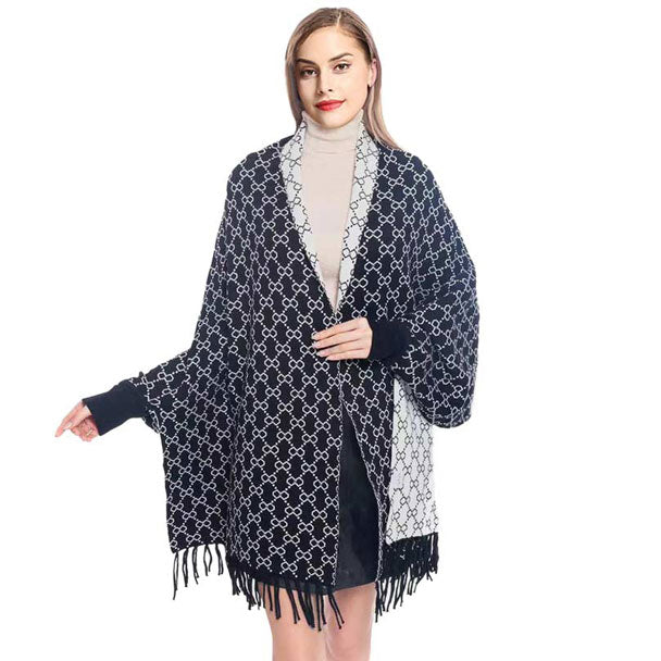 Black Fashionable Luxury Patterned Poncho, the perfect accessory, luxurious, trendy, super soft chic capelet, keeps you warm and toasty. You can throw it on over so many pieces elevating any casual outfit! Its laid-back vibe and classic elegance are sure to draw attention without making too strong a statement. Perfect Gift for Wife, Mom, Birthday, Holiday, Christmas, Anniversary, Fun Night Out.