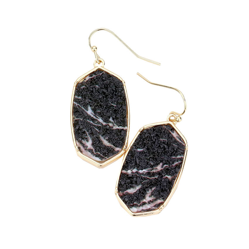 Black Fish Hook Back Hexagon Druzy Dangle Earrings. Beautifully crafted design adds a gorgeous glow to any outfit. Jewelry that fits your lifestyle! Perfect Birthday Gift, Anniversary Gift, Mother's Day Gift, Anniversary Gift, Graduation Gift, Prom Jewelry, Just Because Gift, Thank you Gift.