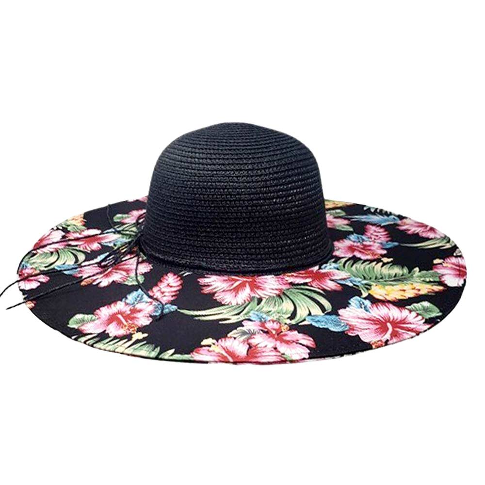 Black Flower Leaf Patterned Straw Sun Hat, fashionable design and vibrant color will make you more attractive. It's a great accessory for any outfit. whether you’re basking under the summer sun at the beach, lounging by the pool, or kicking back with friends at the lake, these sun hats can keep you cool and comfortable even when the sun is high in the sky.
