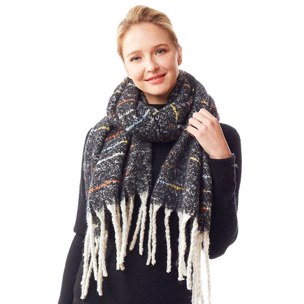 Black Glitz Colorful Stitch Fuzzy Oblong Scarf, Accent your look with this soft, highly versatile scarf. Great for daily wear in the cold winter to protect you against chill, classic infinity-style scarf & amps up the glamour with plush material that feels amazing snuggled up against your cheeks.