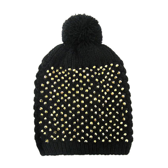 Black Gold Studded Acrylic Pom Beanie Hats, Accessorize the fun way with this pom pom beanie hat, the autumnal touch you need to finish your outfit in style. Awesome winter gift accessory! Perfect Gift Birthday, Christmas, Holiday, Anniversary, Valentine’s Day, Loved One.
