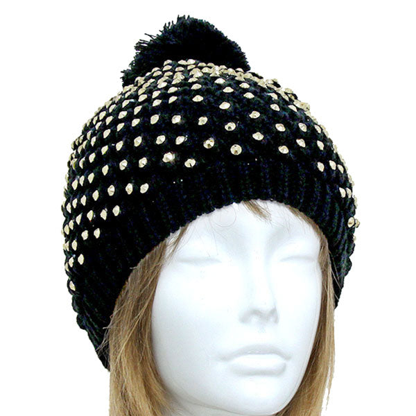 Black Gold Studded Acrylic Pom Beanie Hats, Accessorize the fun way with this pom pom beanie hat, the autumnal touch you need to finish your outfit in style. Awesome winter gift accessory! Perfect Gift Birthday, Christmas, Holiday, Anniversary, Valentine’s Day, Loved One.