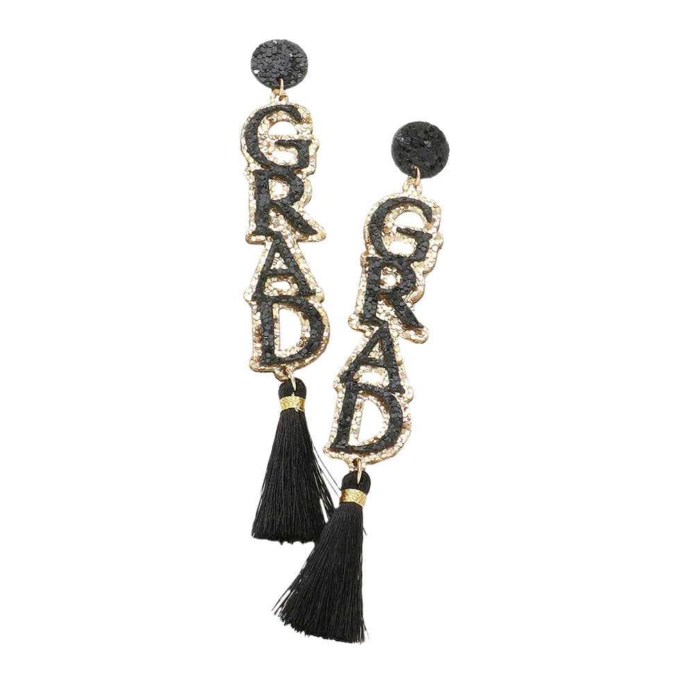 Black Grad Glittered Message Tassel Link Dangle Earrings, Show off your achievements with our grad glittered earrings. From kindergarten to high school, college ceremonies, and faculty regalia these tassel link dangle earrings will remind you to enjoy the journey as you wander, dream, and reach for your goals.