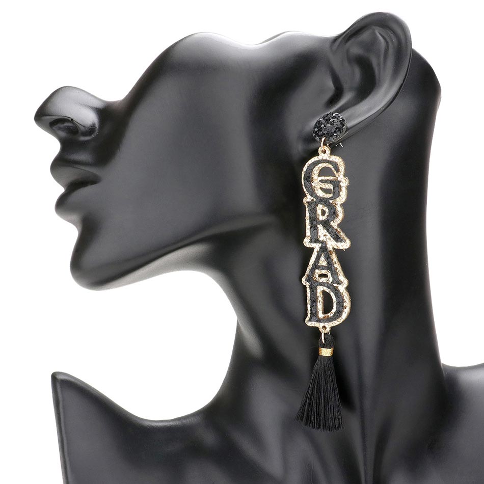 Black Grad Glittered Message Tassel Link Dangle Earrings, Show off your achievements with our grad glittered earrings. From kindergarten to high school, college ceremonies, and faculty regalia these tassel link dangle earrings will remind you to enjoy the journey as you wander, dream, and reach for your goals.
