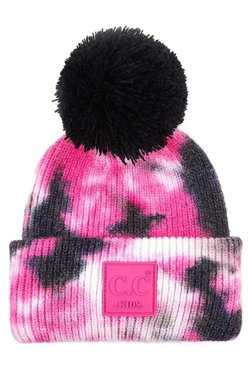 Black Hot Pink C C Tie Dye Kids Beanie With C C Rubber Patch And Yarn Pom, beautiful tie dye design with yarn pom makes it unique and keeps you standing out with perfect beauty. Wear throughout the winter and cold days to ensure absolute comfortability. Coordinate with any outfit to match the best with perfect warmth and coziness. It Comes in one size winter cap with a pom that fits most head sizes. Enjoy the winter in comfort!