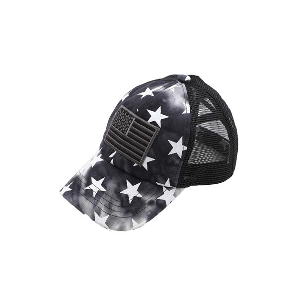 Black Kids Tie Dye Star Flag Ponycap, comfy kids' cap great for a bad hair day, pull your bun or ponytail thru the back opening, great for keeping your hair away from face while exercising, running, playing sports or just taking a walk. Perfect Birthday Gift, Mother's Day Gift, Anniversary Gift, Thank you Gift, Graduation
