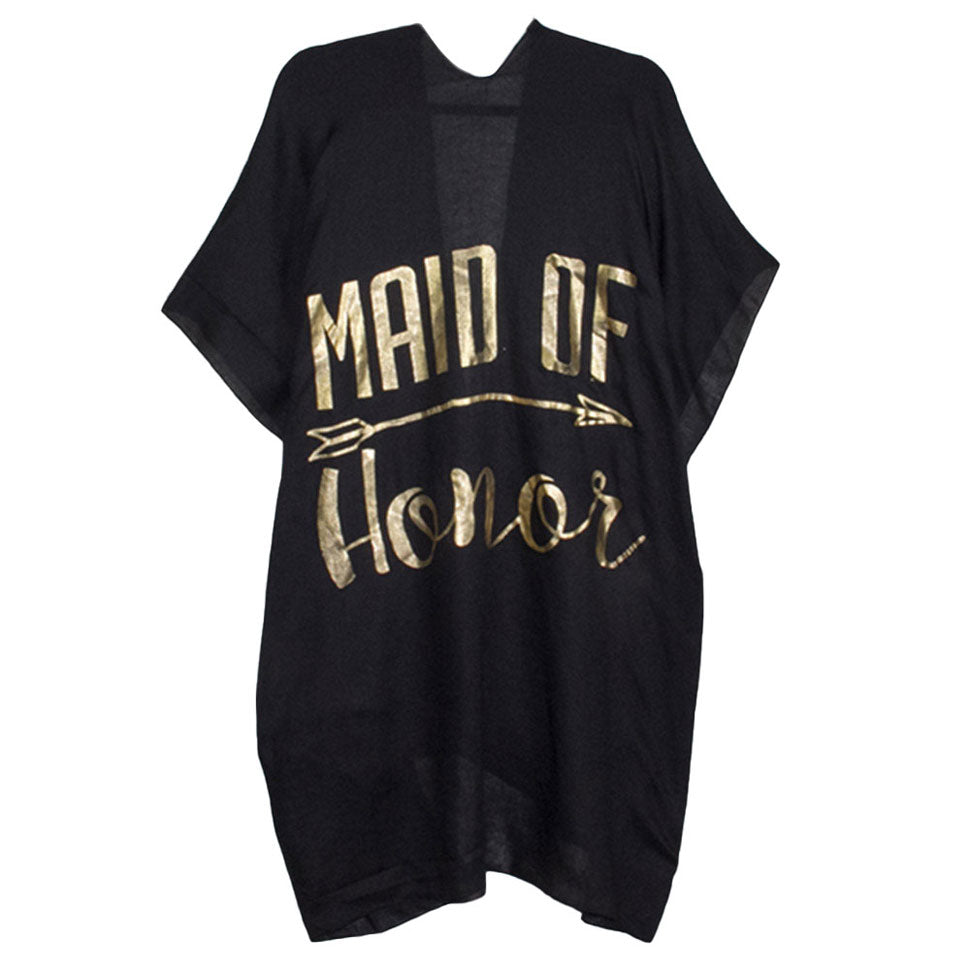 Black Maid of Honor Solid Lettering Cover Up Poncho, The lightweight poncho top is made of soft and breathable Viscose material. short sleeve swimsuit cover up with open front design, simple basic style, easy to put on and down. Perfect Gift for Wife, Mom, Birthday, Holiday, Anniversary, Fun Night Out.